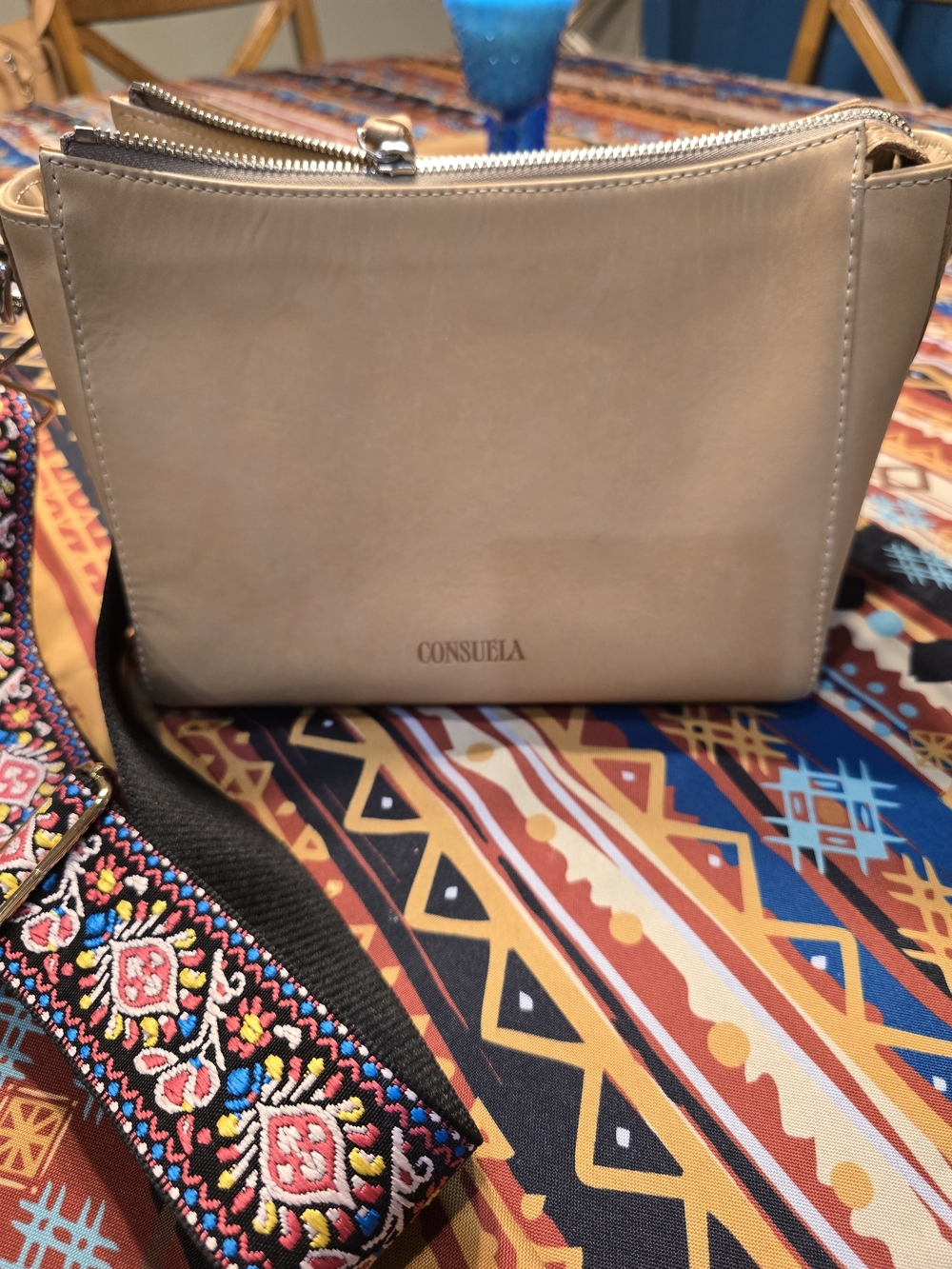 Consuela Diego Leather Crossbody City Bag with Colorful Embroidered Strap